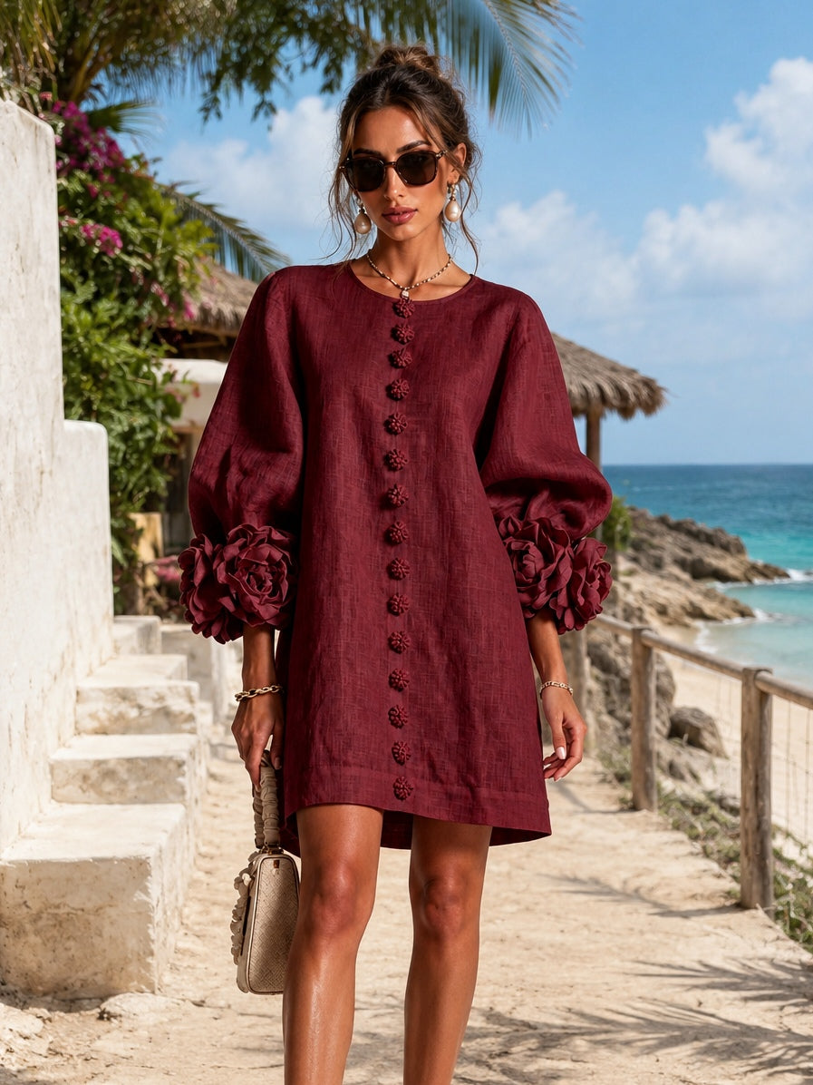 Camellia | Mini Robe à Poignets Ornés de Roses