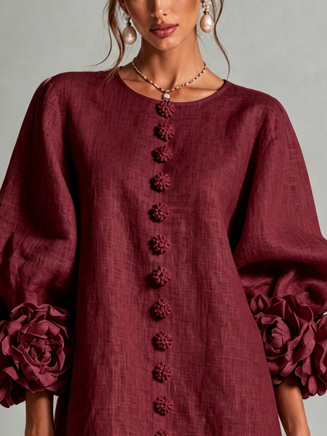 Camellia | Mini Robe à Poignets Ornés de Roses