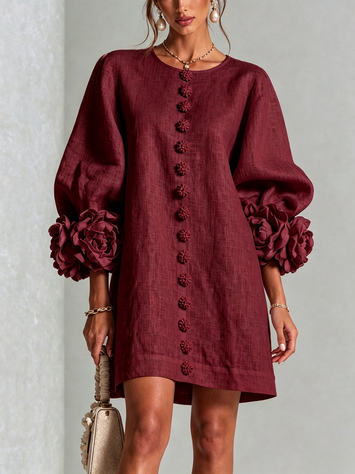 Camellia | Mini Robe à Poignets Ornés de Roses