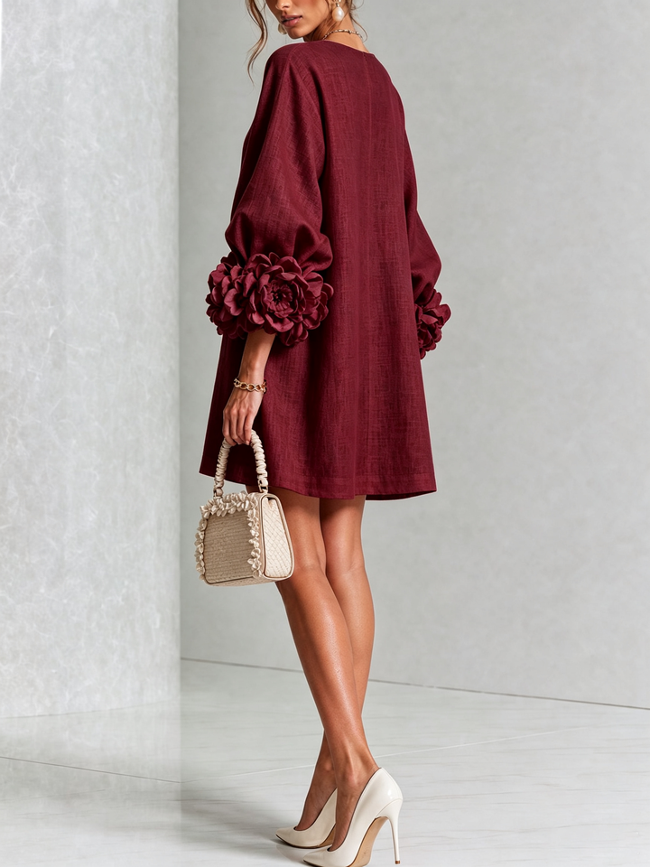 Camellia | Mini Robe à Poignets Ornés de Roses