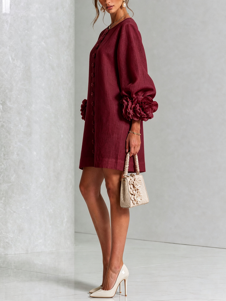 Camellia | Mini Robe à Poignets Ornés de Roses