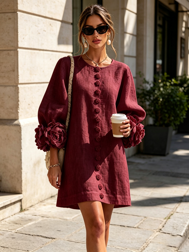 Camellia | Mini Robe à Poignets Ornés de Roses