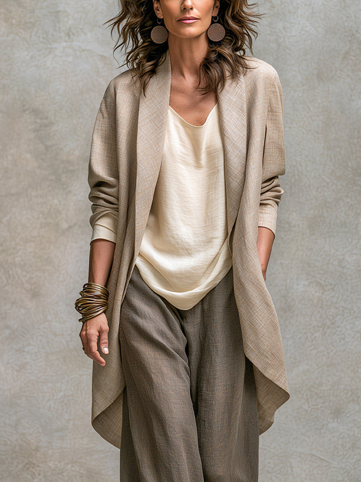 Constance | Ensemble Trois Pièces Beige et Gris, Casual à Superpositions, avec Pantalon Palazzo, Élégant