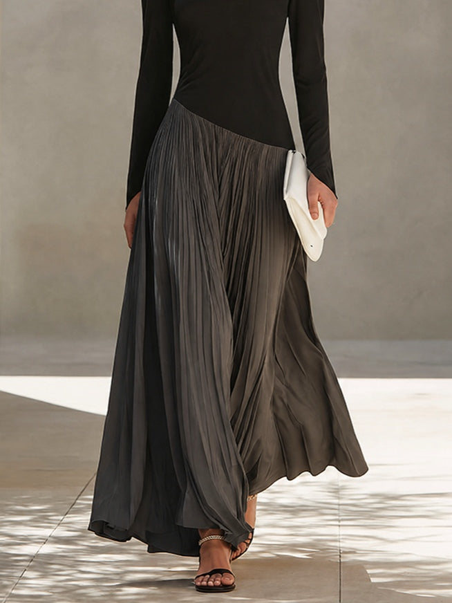 Marine | Robe Maxi Plissée à Col Drapé Bicolore Noir et Gris