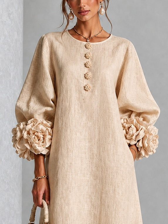 Rosanne | Robe Midi à Poignets Ornés de Roses