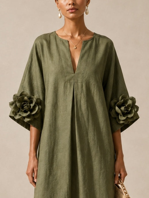 Aurélie | Robe Midi Vert Olive à Décolleté en V et Manches Florales Extravagantes