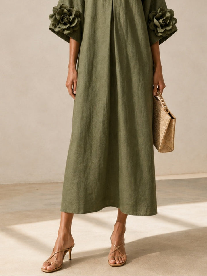 Aurélie | Robe Midi Vert Olive à Décolleté en V et Manches Florales Extravagantes