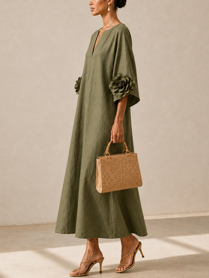 Aurélie | Robe Midi Vert Olive à Décolleté en V et Manches Florales Extravagantes