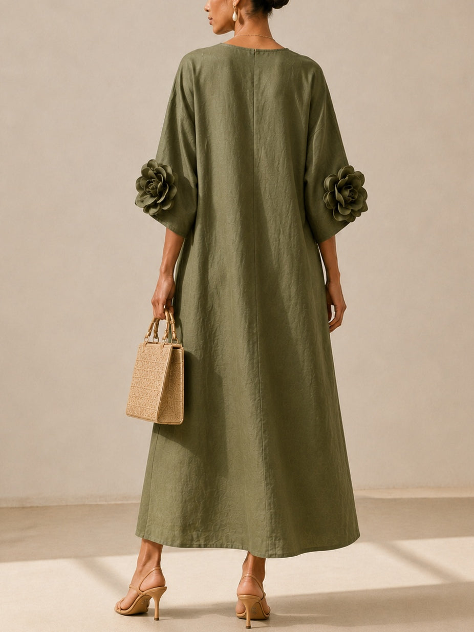 Aurélie | Robe Midi Vert Olive à Décolleté en V et Manches Florales Extravagantes