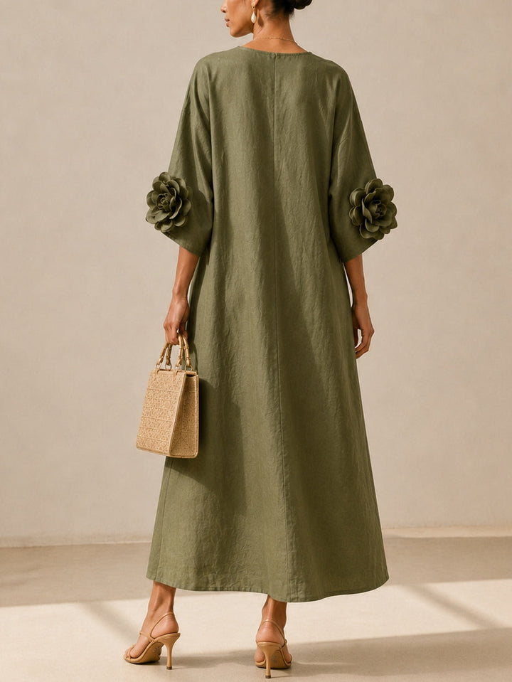 Aurélie | Robe Midi Vert Olive à Décolleté en V et Manches Florales Extravagantes
