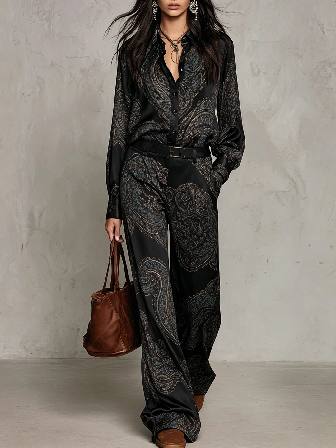 Ensemble Chemise et Pantalon Large en Satin à Motif Cachemire (avec Ceinture)