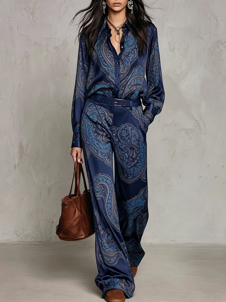 Ensemble Chemise et Pantalon Large en Satin à Motif Cachemire (avec Ceinture)
