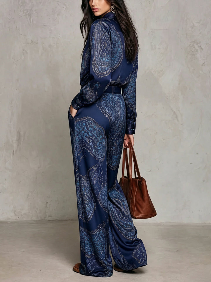 Ensemble Chemise et Pantalon Large en Satin à Motif Cachemire (avec Ceinture)