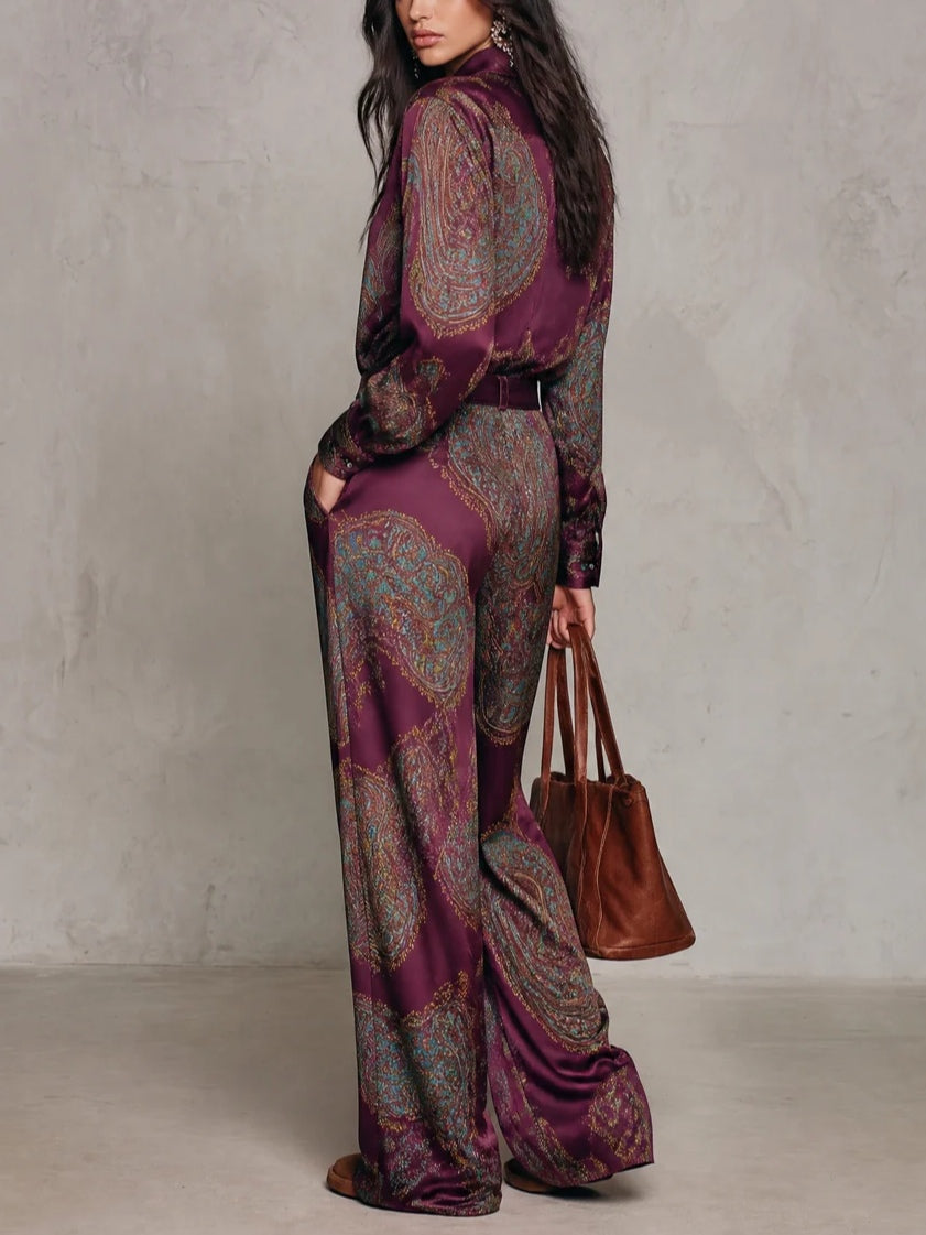 Ensemble Chemise et Pantalon Large en Satin à Motif Cachemire (avec Ceinture)