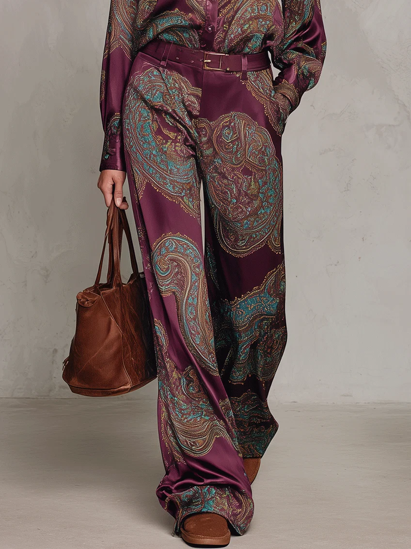 Ensemble Chemise et Pantalon Large en Satin à Motif Cachemire (avec Ceinture)