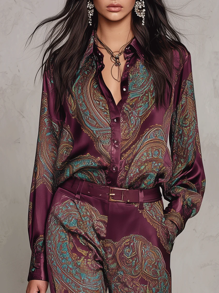 Ensemble Chemise et Pantalon Large en Satin à Motif Cachemire (avec Ceinture)