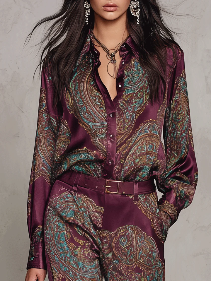 Ensemble Chemise et Pantalon Large en Satin à Motif Cachemire (avec Ceinture)