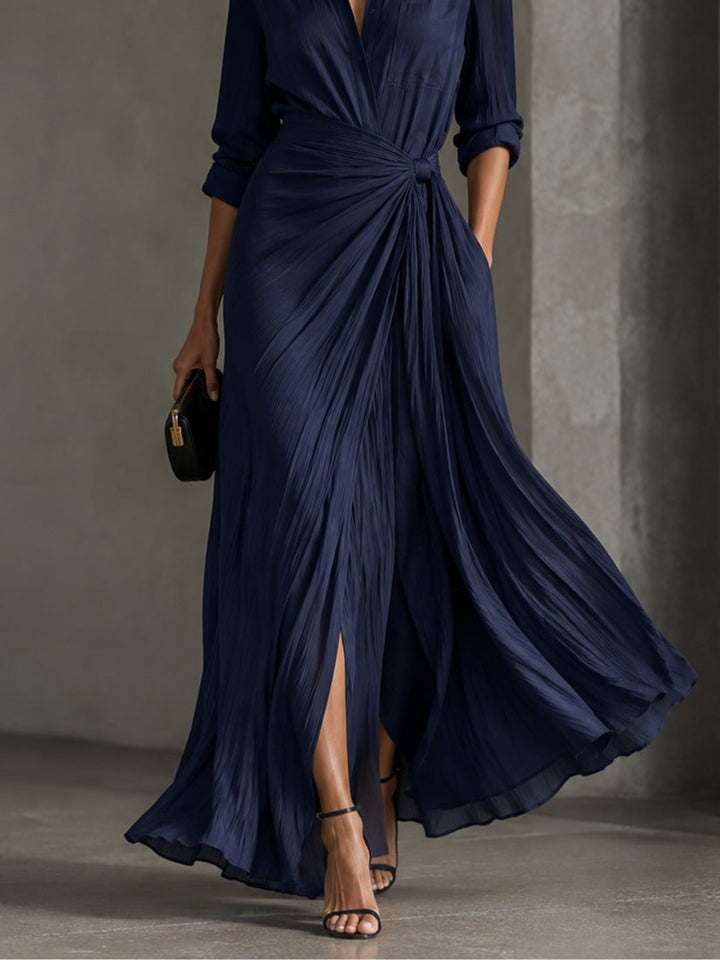 Gabrielle | Élégante Robe Chemise Maxi Bleu Marine Nouée