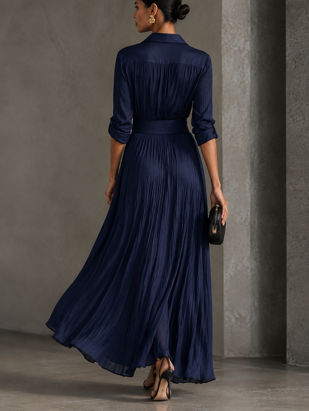 Gabrielle | Élégante Robe Chemise Maxi Bleu Marine Nouée