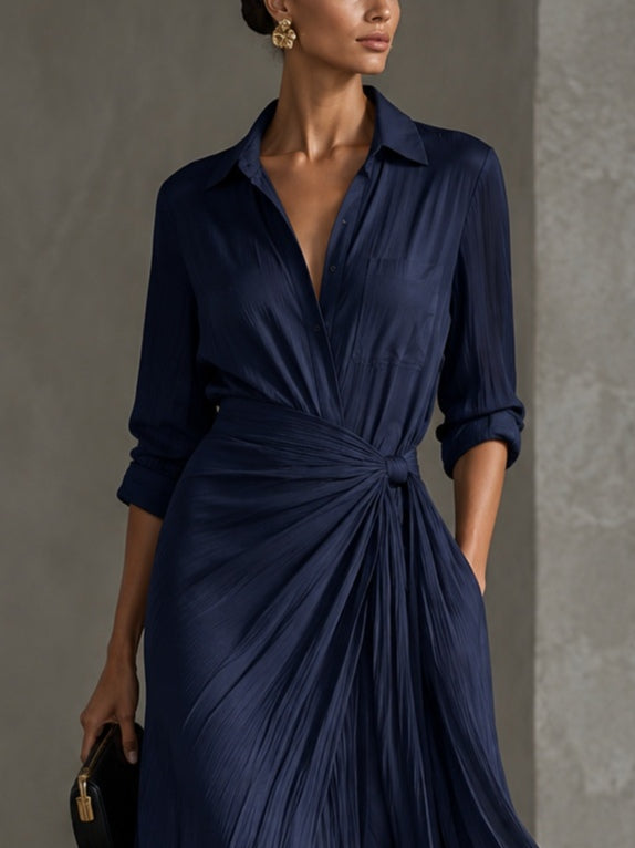 Gabrielle | Élégante Robe Chemise Maxi Bleu Marine Nouée