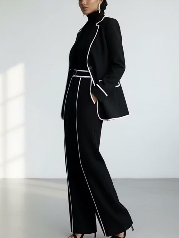 Claudine | Ensemble Deux Pièces Blazer avec Passepoil Contrastant Noir et Pantalon Large
