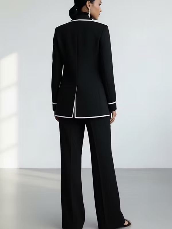 Claudine | Ensemble Deux Pièces Blazer avec Passepoil Contrastant Noir et Pantalon Large