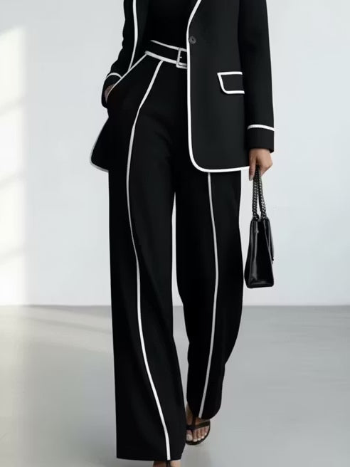 Claudine | Ensemble Deux Pièces Blazer avec Passepoil Contrastant Noir et Pantalon Large