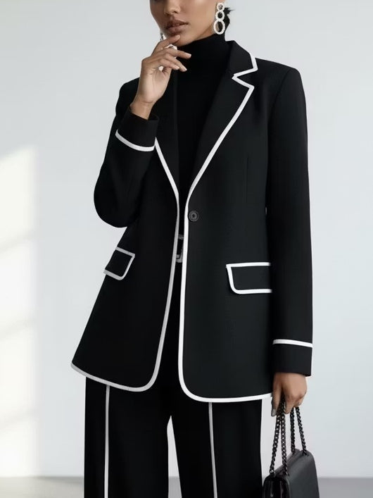 Claudine | Ensemble Deux Pièces Blazer avec Passepoil Contrastant Noir et Pantalon Large