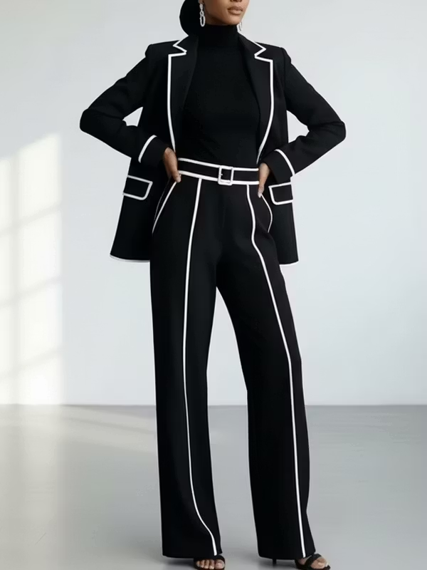 Claudine | Ensemble Deux Pièces Blazer avec Passepoil Contrastant Noir et Pantalon Large