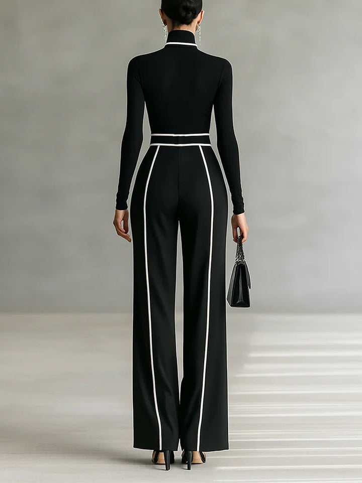 Adèle | Ensemble Col Haut à Liserés Blancs et Pantalon Large