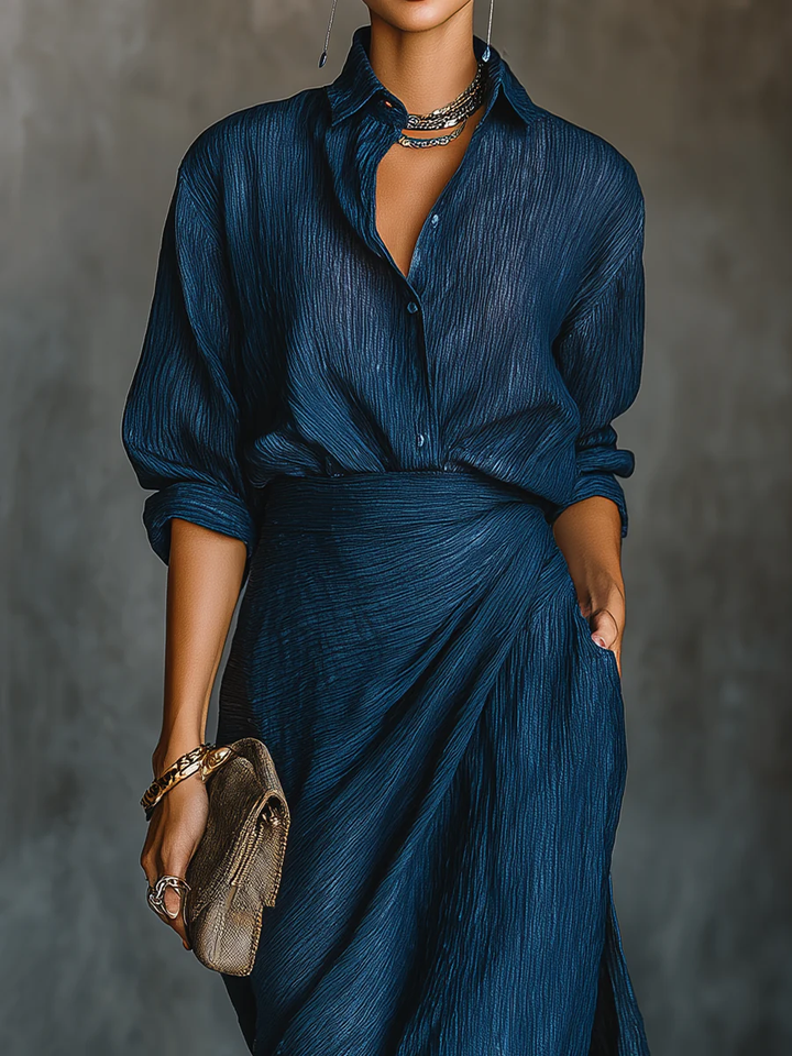 Ensemble Chemise et Jupe Longue en Coton et Lin Bleu Foncé