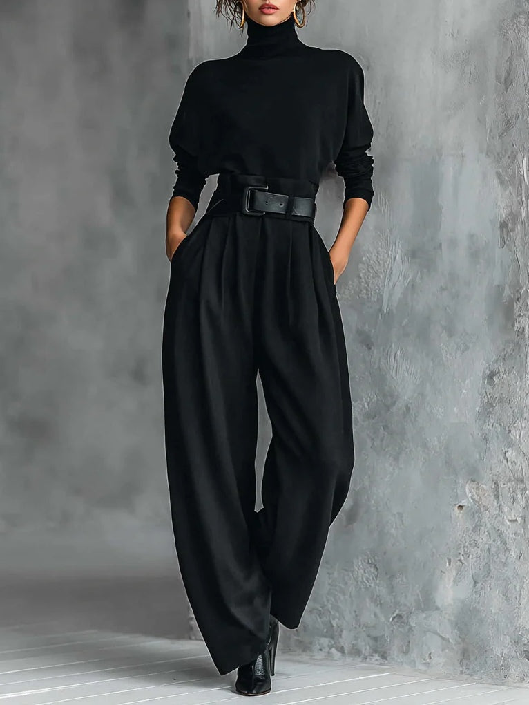 Noëlla | Ensemble Haut Col Roulé Noir et Pantalon Droit