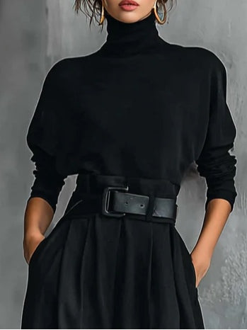 Geneviève | Ensemble Col Monté Noir et Pantalon Droit