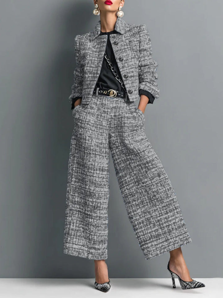 Ensemble Veste Courte Effet Tweed et Pantalon Large