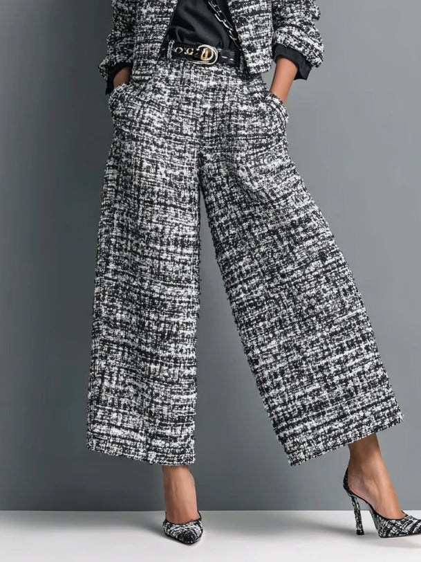 Ensemble Veste Courte Effet Tweed et Pantalon Large