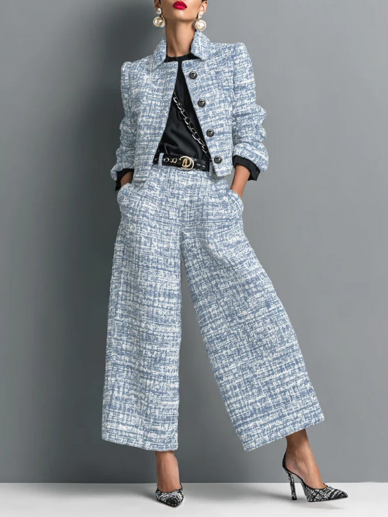 Ensemble Veste Courte Effet Tweed et Pantalon Large