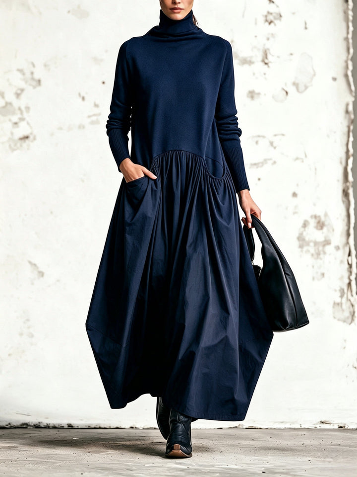 Robe Longue Oversize à Col Montant et Grandes Poches