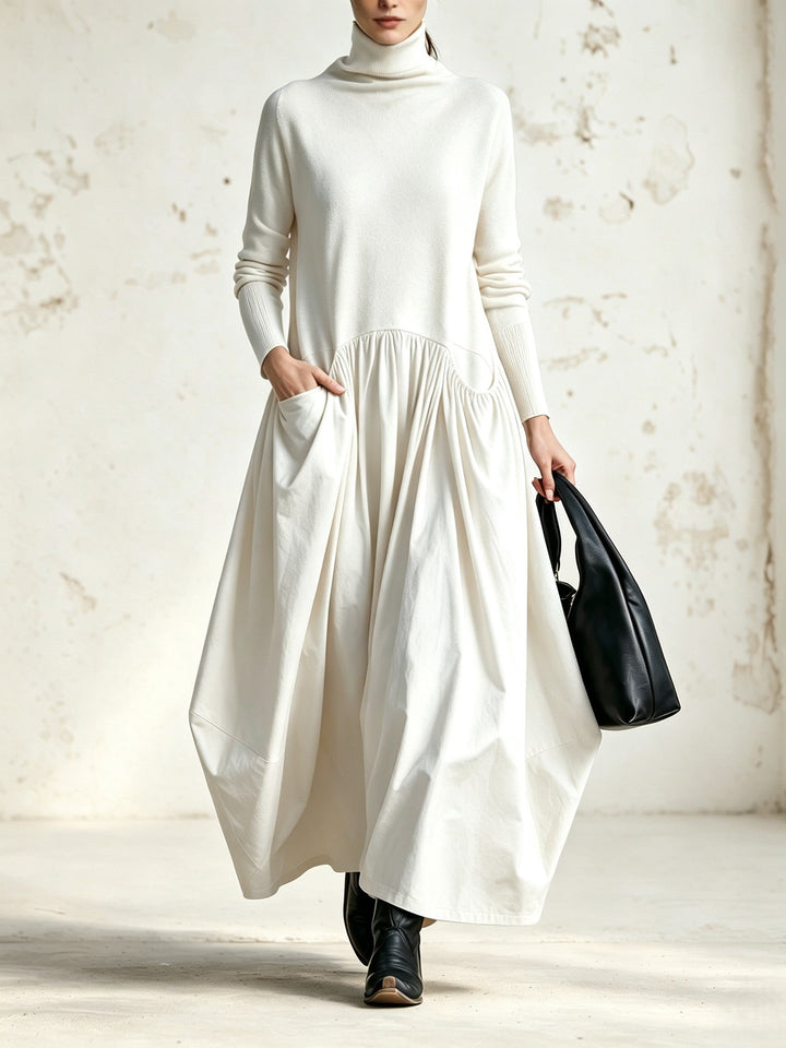 Robe Longue Oversize à Col Montant et Grandes Poches