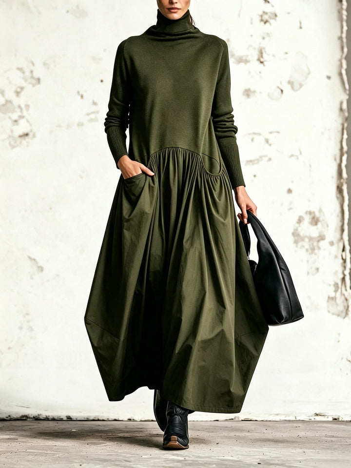 Robe Longue Oversize à Col Montant et Grandes Poches