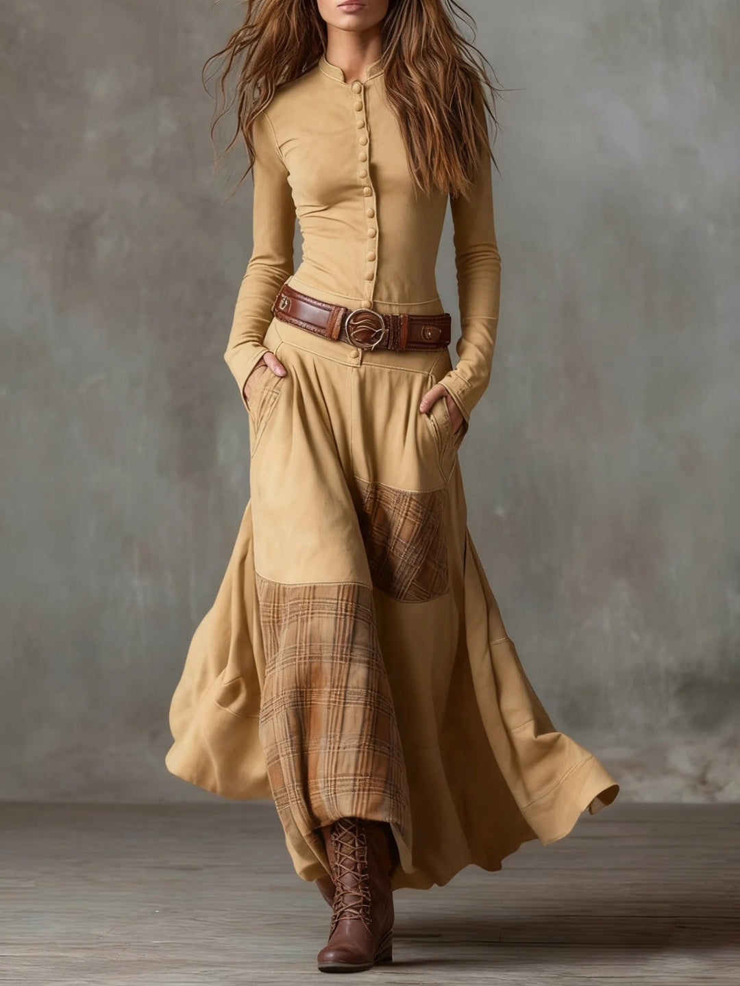 Élise | Robe Maxi en Suédine avec Ceinture
