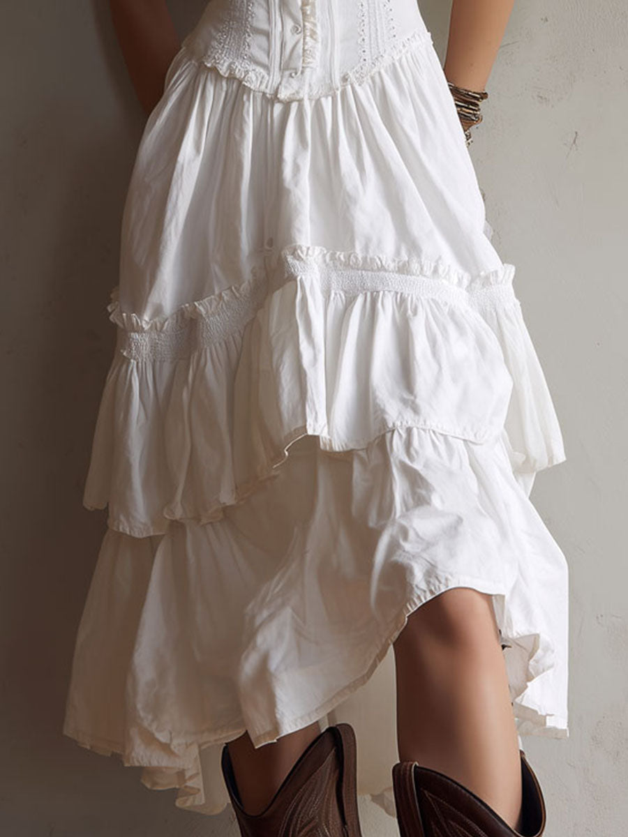 Robe midi bohème rétro à corset, volants superposés et bordure en dentelle