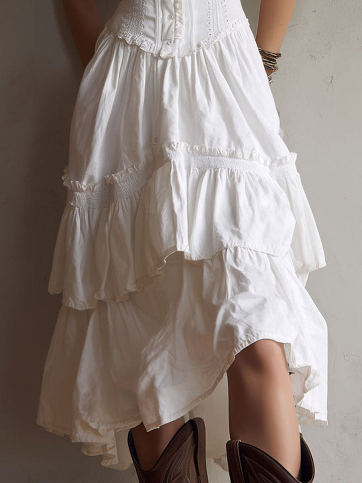 Robe midi bohème rétro à corset, volants superposés et bordure en dentelle