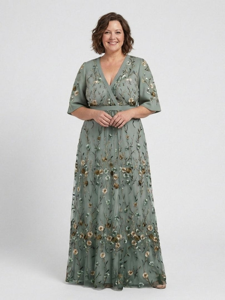 Evadne | Robe Longue Fleurie à Col V et Manches Courtes