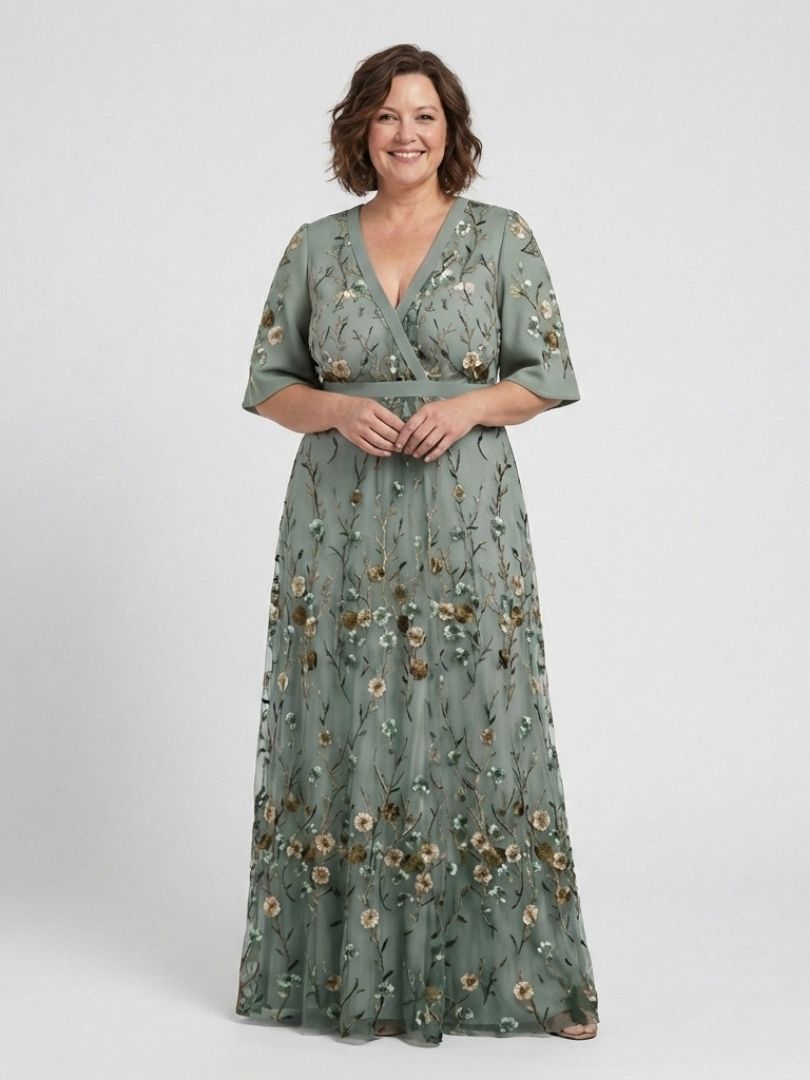 Evadne | Robe Longue Fleurie à Col en V et Manches Courtes