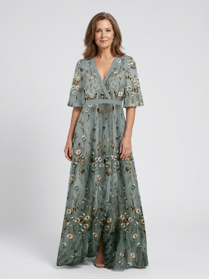 Evadne | Robe Longue Fleurie à Col V et Manches Courtes
