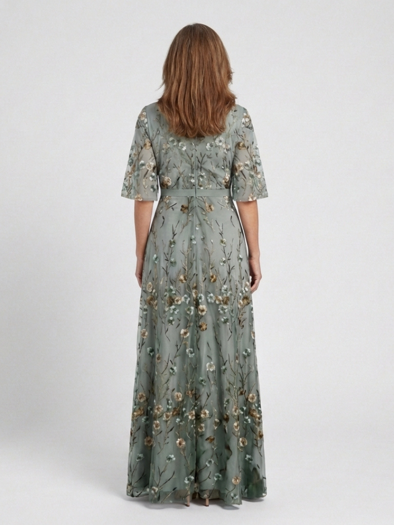Evadne | Robe Longue Fleurie à Col V et Manches Courtes