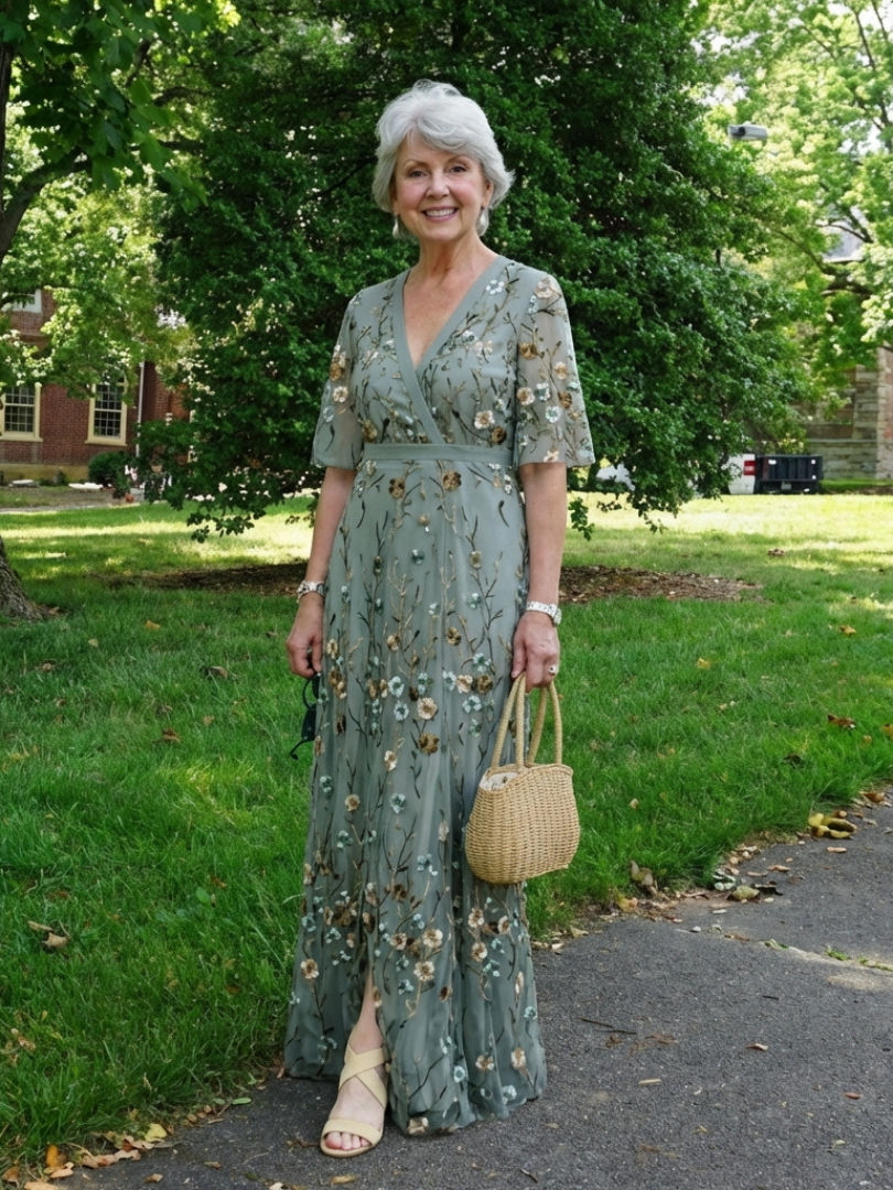 Evadne | Robe Longue Fleurie à Col V et Manches Courtes