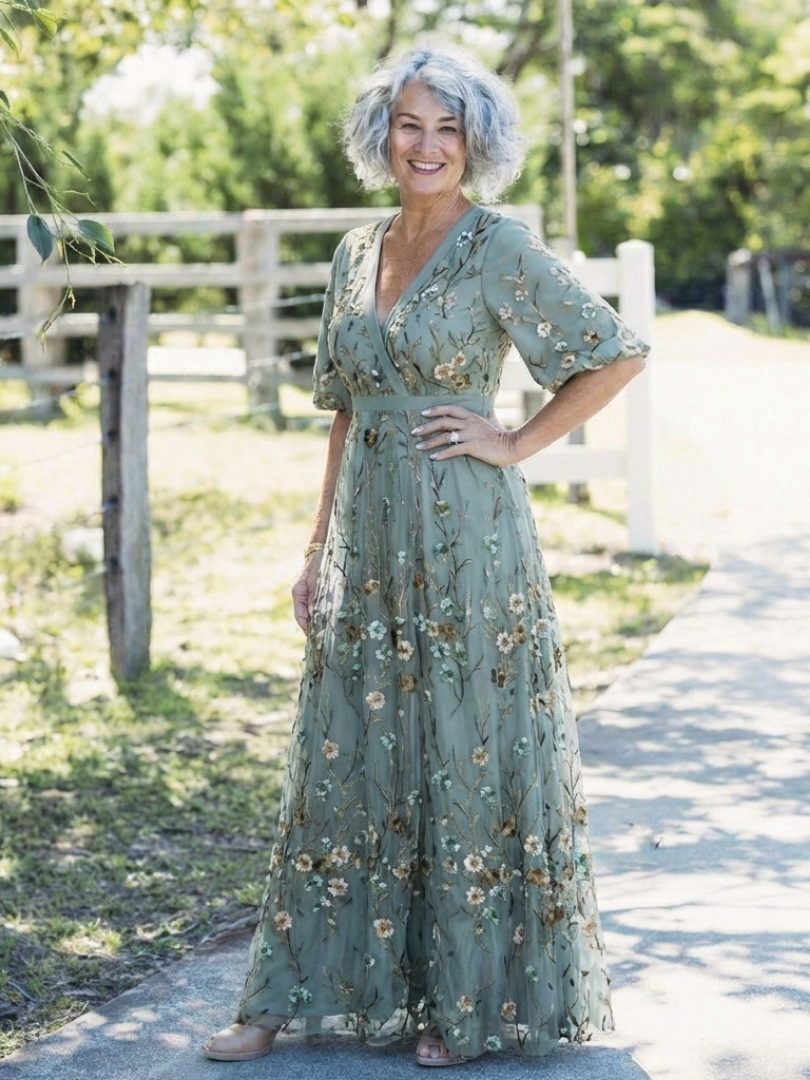 Evadne | Robe Longue Fleurie à Col V et Manches Courtes