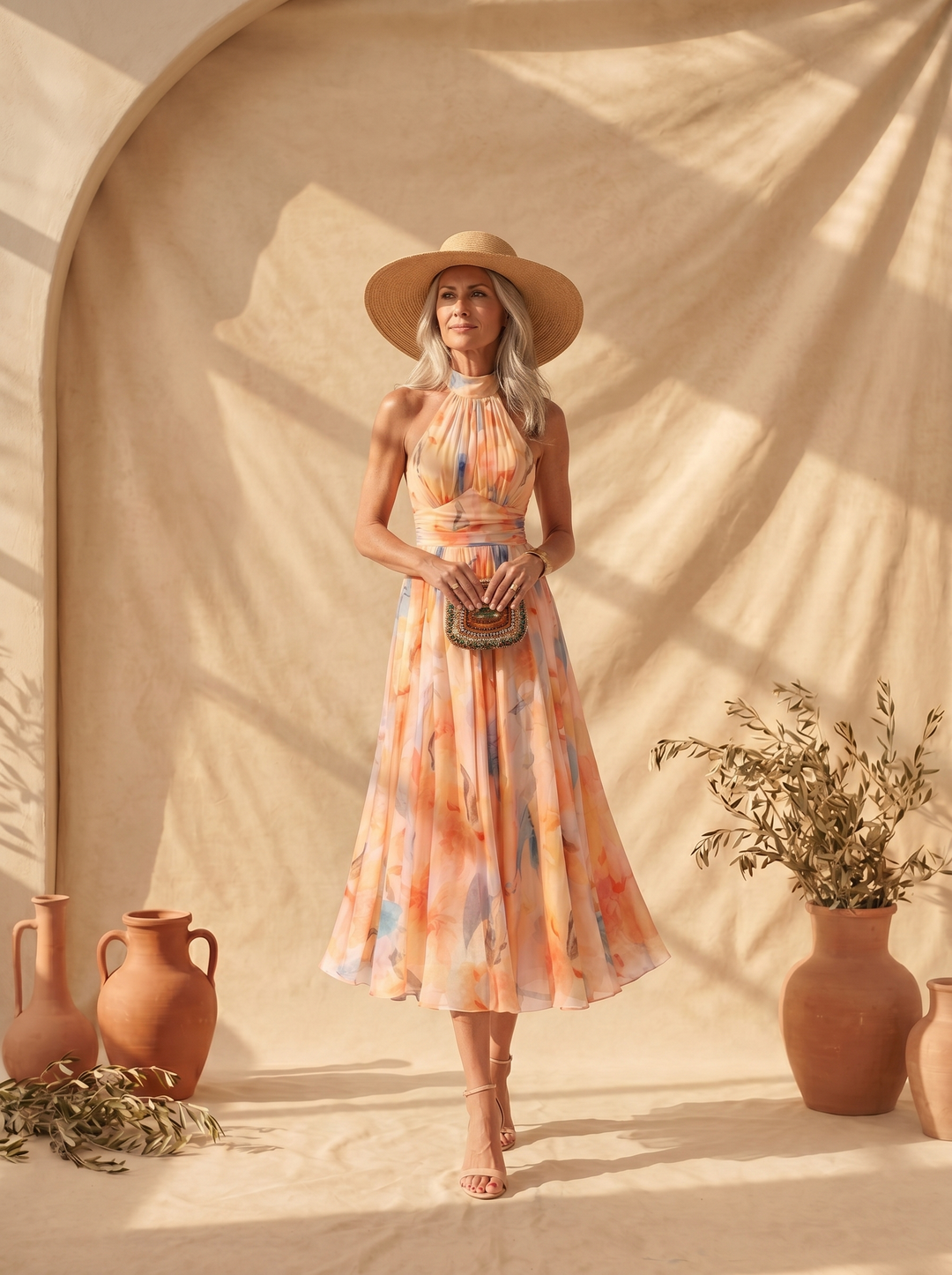 Robe Halter en Soie Imprimée Aquarelle - Collection Aurora