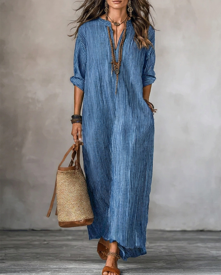 Haven | Robe Longue Rayée à Manches Longues, Col en V et Poches